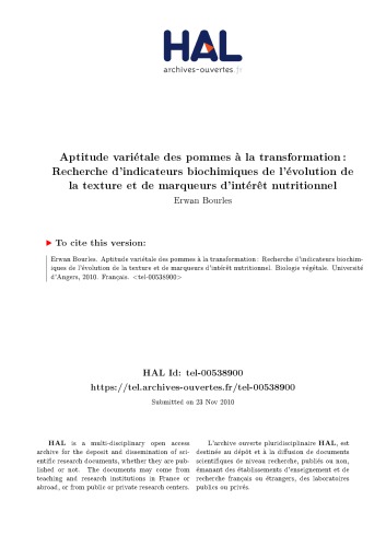 Aptitude variétale des pommes à la transformation : Recherche d’indicateurs biochimiques de l’évolution de la texture et de marqueurs d’intérêt nutritionnel