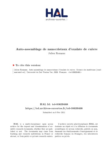 Auto-assemblage de nanocristaux d’oxalate de cuivre