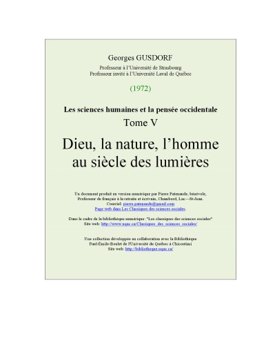 Les sciences humaines et la pensée occidentale. Tome 5 Dieu, la nature, l’homme au siècle des Lumières.