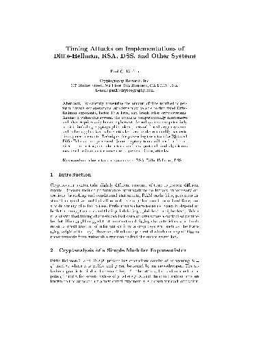 Timing Attacks on Implementations of Diffie-Hellman, RSA, DSS, and Other Systems