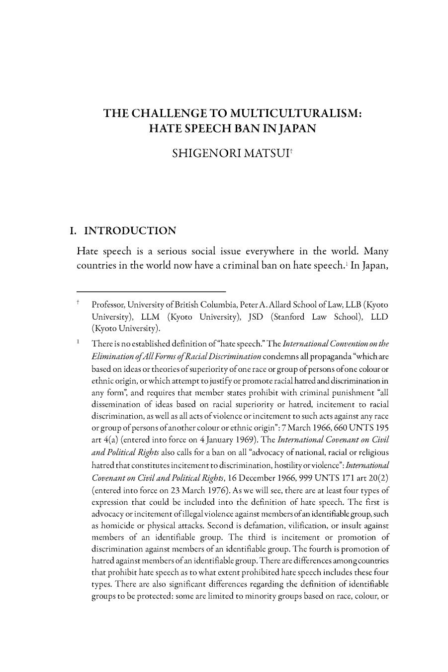 THE CHALLENGE TO MULTICULTURALISM: HATE SPEECH BAN IN JAPAN