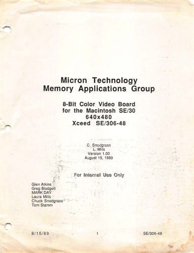 Micron Technology Memory Applications Group. 8-Bit Color Video Board for the Macintosh SE/30 640x480 Xceed  SE/306-48