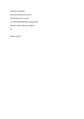 Shailesh A Shirali Arithmetic and Algebra Ramanujan Mathematical Society Little Mathematical Treasures PRMO RMO INMO Math Olympiad IMO