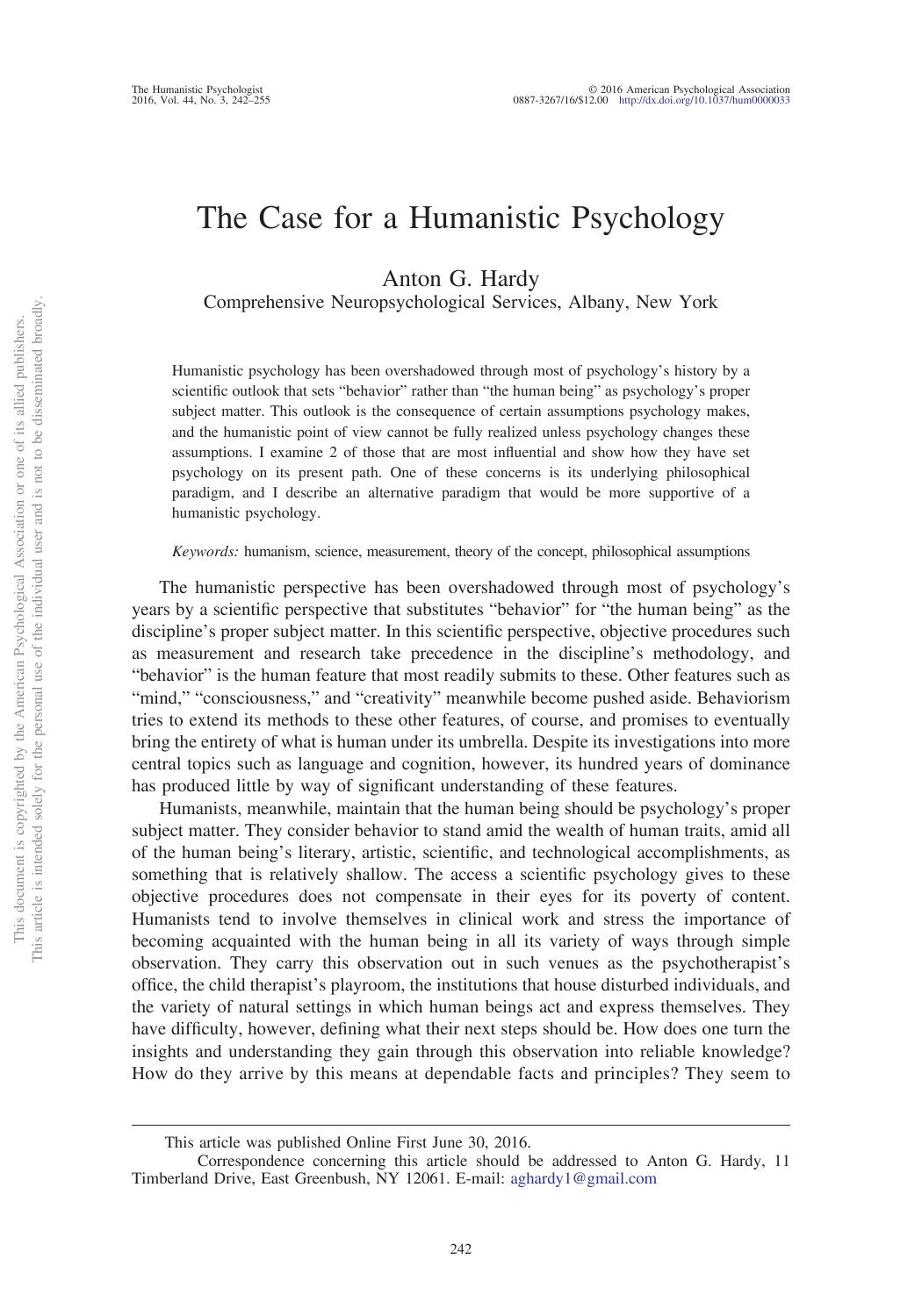 The Case for a Humanistic Psychology