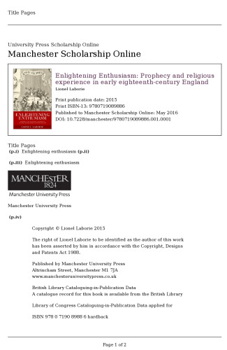 Enlightening Enthusiasm: Prophecy and Religious Experience in Early Eighteenth-Century England