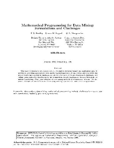 Mathematical Programming for Data Mining: Formulations and Chalenges