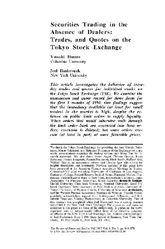 Securities Trading In The Absence Of Dealers - Trades, And Quotes On The Tokyo Stock Exchange