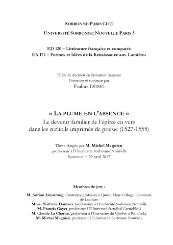 « La plume en l’absence ». Le devenir familier de l’épître en vers dans les recueils imprimés de poésie (1527-1555)