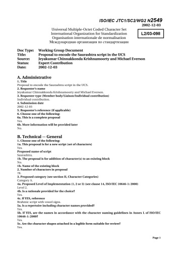 Proposal to encode the Saurashtra script in the UCS