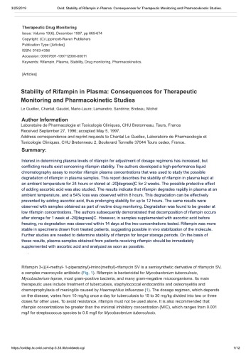 Stability of rifampin in plasma: consequences for therapeutic monitoring and pharmacokinetic studies