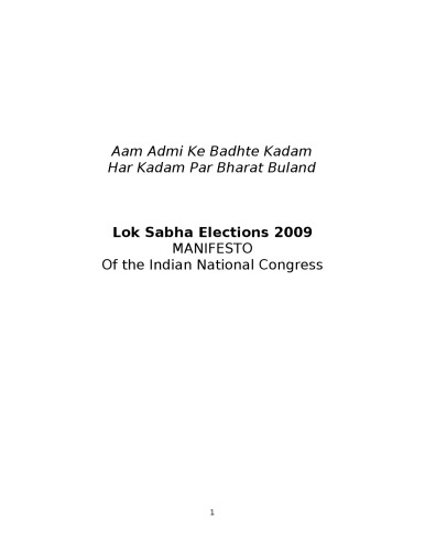 Indian National Congress Manifesto for Lok Sabha Elections 2009