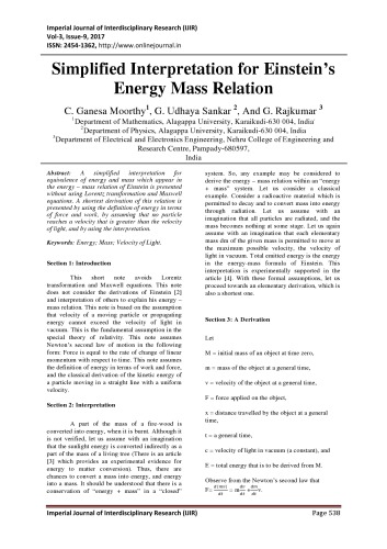 Simplified Interpretation for Einstein’s Energy Mass Relation