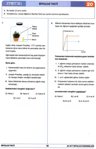 Apotemi 20 AYT Biyoloji Deneme 19-20 ve Cevap Anahtarı