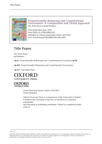 Proportionality Balancing and Constitutional Governance: A Comparative and Global Approach