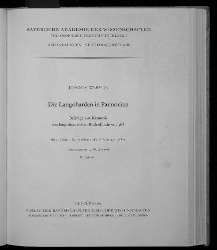 Die Langobarden in Pannonien: Beiträge zur Kenntnis der langobardischen Bodenfunde vor 568. B. Tafelteil