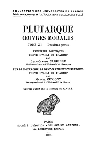 Plutarque: Oeuvres morales, Tome XI, 2e partie: Traités 52 et 53