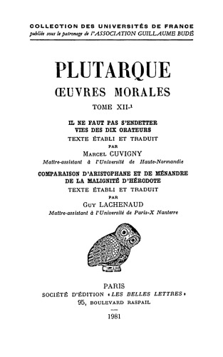 Plutarque: Oeuvres morales, Tome XII, 1re partie: Traités 54-57