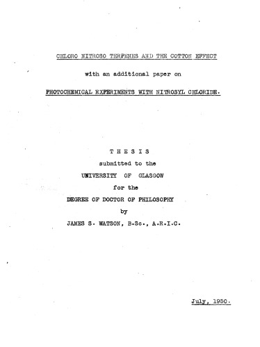 Chloro Nitroso Terpenes and the Cotton Effect with an Additional Paper on Photochemical Experiments with Nitrosyl Chloride