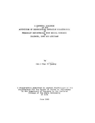 A Critical Analysis of the Activities of Distributive Education Co-ordinators of Federally Reimbursable High School Programs in Illinois, Iowa and Michigan