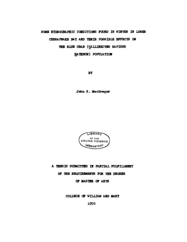 Some Hydrographic Conditions Found in Winter in Lower Chesapeake Bay and Their Possible Effects on the Blue Crab (Callinectes sapidus Rathbun) Population