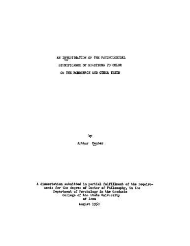 An investigation of the psychological significance of reactions to color on the Rorschach and other tests