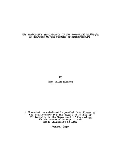 The predictive significance of the Rorschach technique in relation to the outcome of psychotherapy