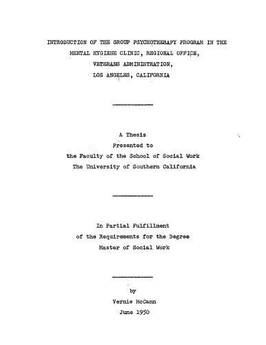 Introduction of the group psychotherapy program in the mental hygiene clinic, regional office, Veterans Administration, Los Angeles, California