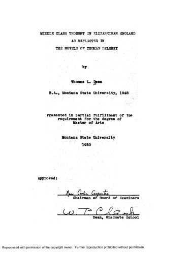 Middle class thought in Elizabethan England as reflected in the novels of Thomas Deloney