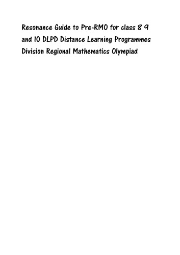 Resonance Guide to Pre-RMO for class 8 9 and 10 DLPD Distance Learning Programmes Division Regional Mathematics Olympiad