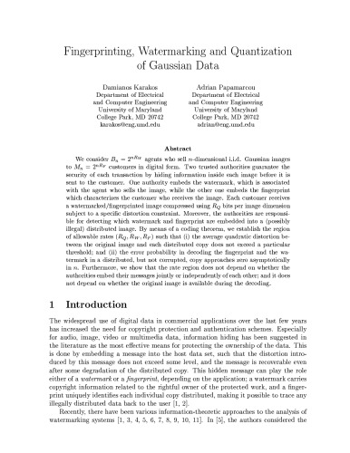 Fingerprinting, Watermarking and Quantization of Gaussian Data