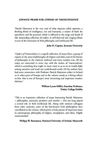 Ciphers of Transcendence: Essays in Philosophy of Religion in Honour of Patrick Masterson