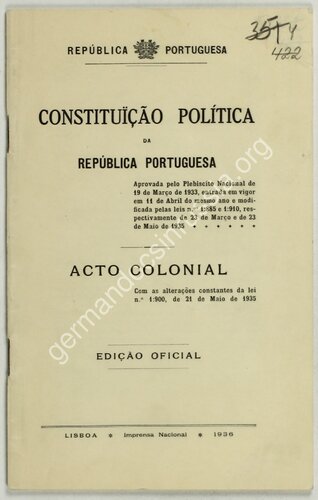 Constituïção política da República Portuguesa. Acto colonial