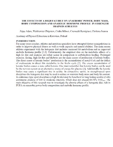 The Effects of a High Fat Diet on Anaerobic Power, Body Mass, Body Composition and Anabolic Hormone Profile in Strength Trained Athletes