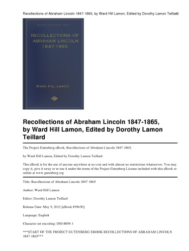 Recollections Of Abraham Lincoln 1847-1865