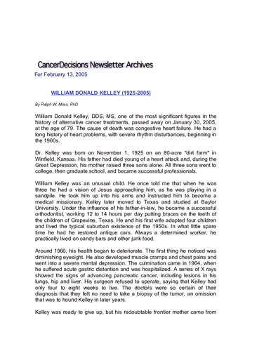 Dr. William Donald Kelley One Answer to Cancer (A do-it-yourself booklet - COMBINED) - Curing the Incurable Without Surgery, Chemotherapy, or Radiation