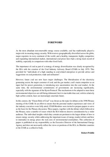 The Future Role of Coal: Markets, Supply, and the Environment : Ciab Members' Papers and Discussion at the 1998 Ciab Plenary