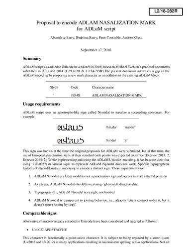 Proposal to encode ADLAM NASALIZATION MARK for ADLaM script