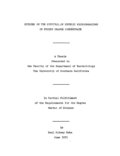 Studies on the survival of enteric microorganisms in frozen orange concentrate