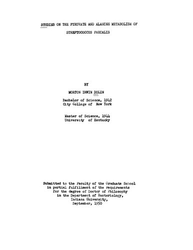 Studies on the pyruvate and aline metabolism of Streptococcus faecalis