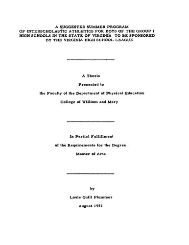 A Suggested Summer Program of Interscholastic Athletics for Boys of the Group I High Schools in the State of Virginia to be Sponsored by the Virginia High School League