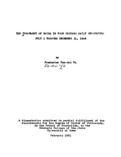 The Treatment of China in Four Chicago Daily Newspapers July 1 through December 31, 1949