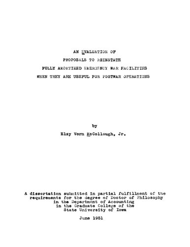 An Evaluation of Proposals to Reinstate Fully Amortized Emergency War Facilities When They Are Useful for Post-War Operations