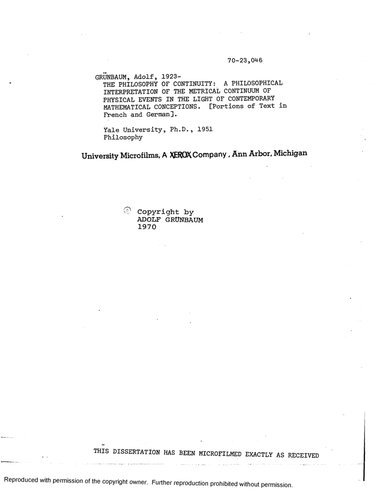 THE PHILOSOPHY OF CONTINUITY: A PHILOSOPHICAL INTERPRETATION OF THE METRICAL CONTINUUM OF PHYSICAL EVENTS IN THE LIGHT OF CONTEMPORARY MATHEMATICAL CONCEPTIONS