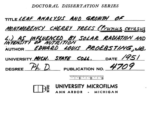 LEAF ANALYSIS AND GROWTH OF MONTMORENCY CHERRY TREES (PRUNUS CERASUS, L.)AS INFLUENCED BY SOLAR RADIATION AND INTENSITY OF NUTRITION