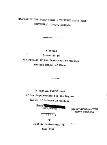 Geology of the Swamp Creek-Triangle Gulch Area Beaverhead County, Montana