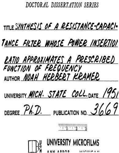 SYNTHESIS OF A RESISTANCE-CAPACITANCE FILTER WHOSE POWER INSERTION RATIO APPROXIMATES A PRESCRIBED FUNCTION OF FREQUENCY