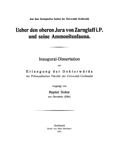 Ueber den Oberen Jura von Zarglaff i.P. und seine Ammonitenfauna