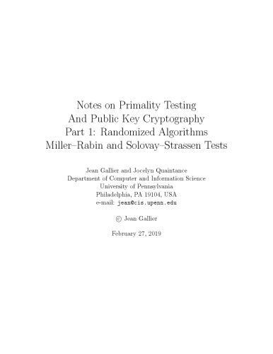 Notes on primality testing and public key cryptography. Part 1