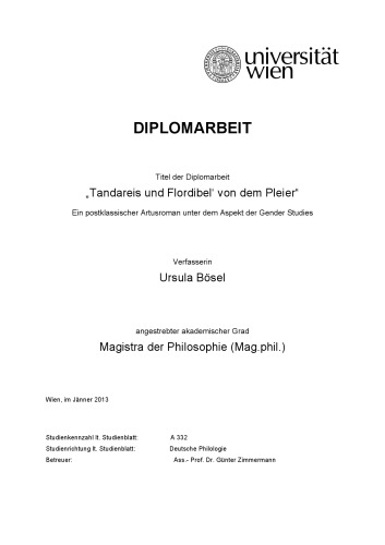 ’Tandareis und Flordibel‘ von dem Pleier: Ein postklassischer Artusroman unter dem Aspekt der Gender Studies