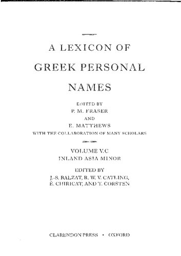 A Lexicon of Greek Personal Names: Volume V.C: Inland Asia Minor